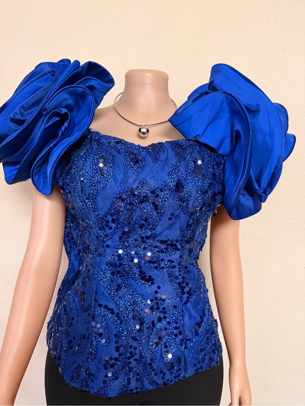 Royal Blue Sequin Embellished Puff-Sleeve Blouse